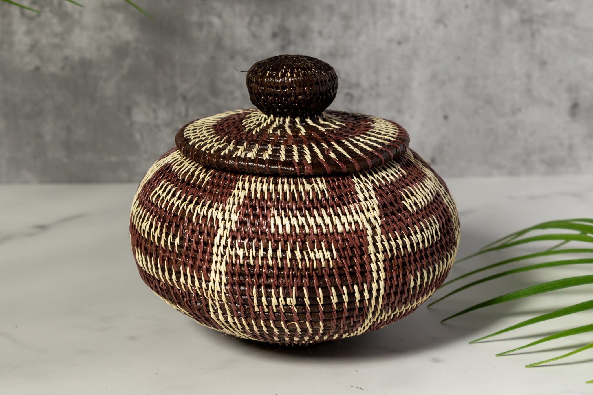 Brown And White Greek Key Woven Basket