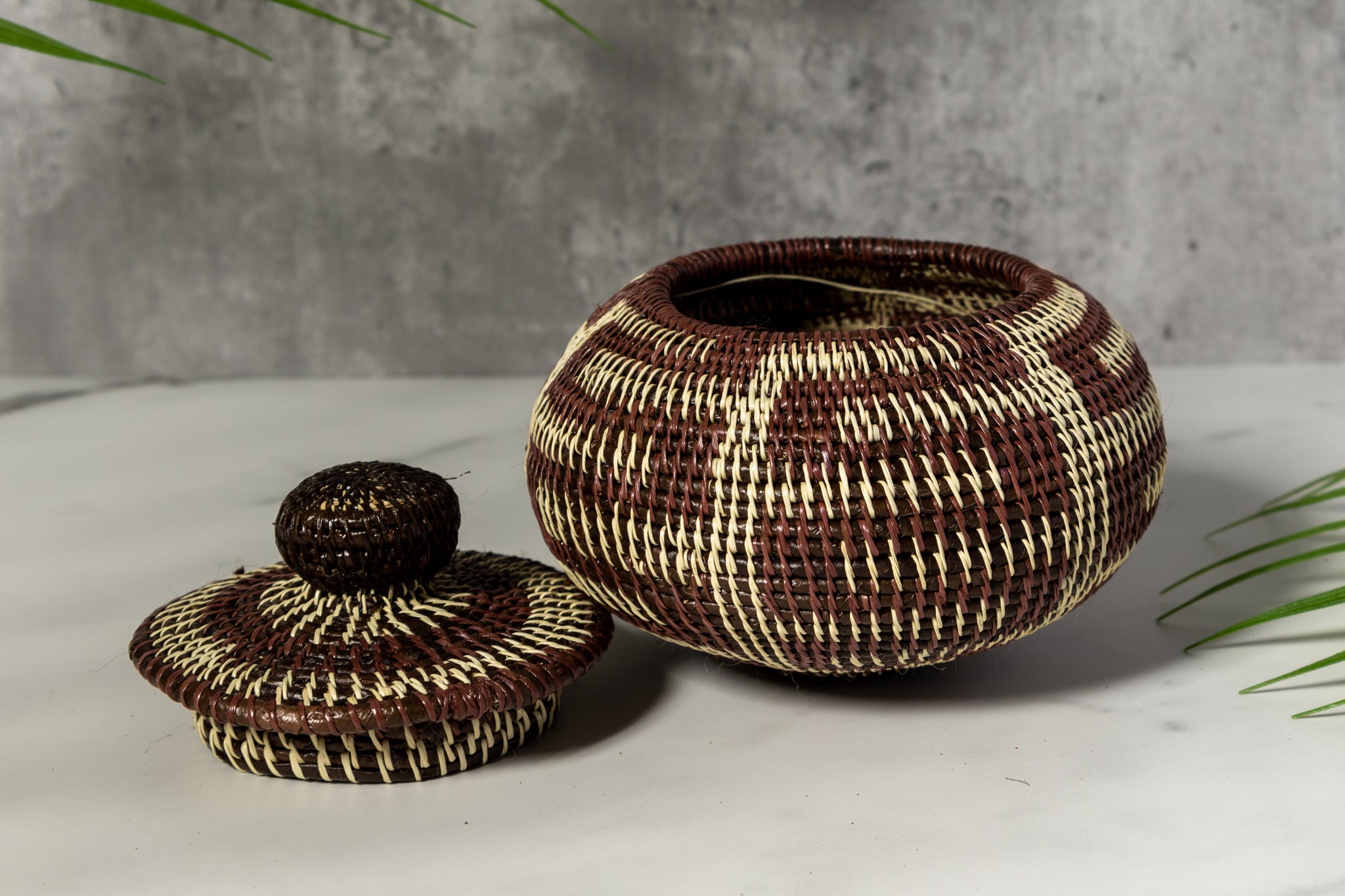 Brown And White Greek Key Woven Basket