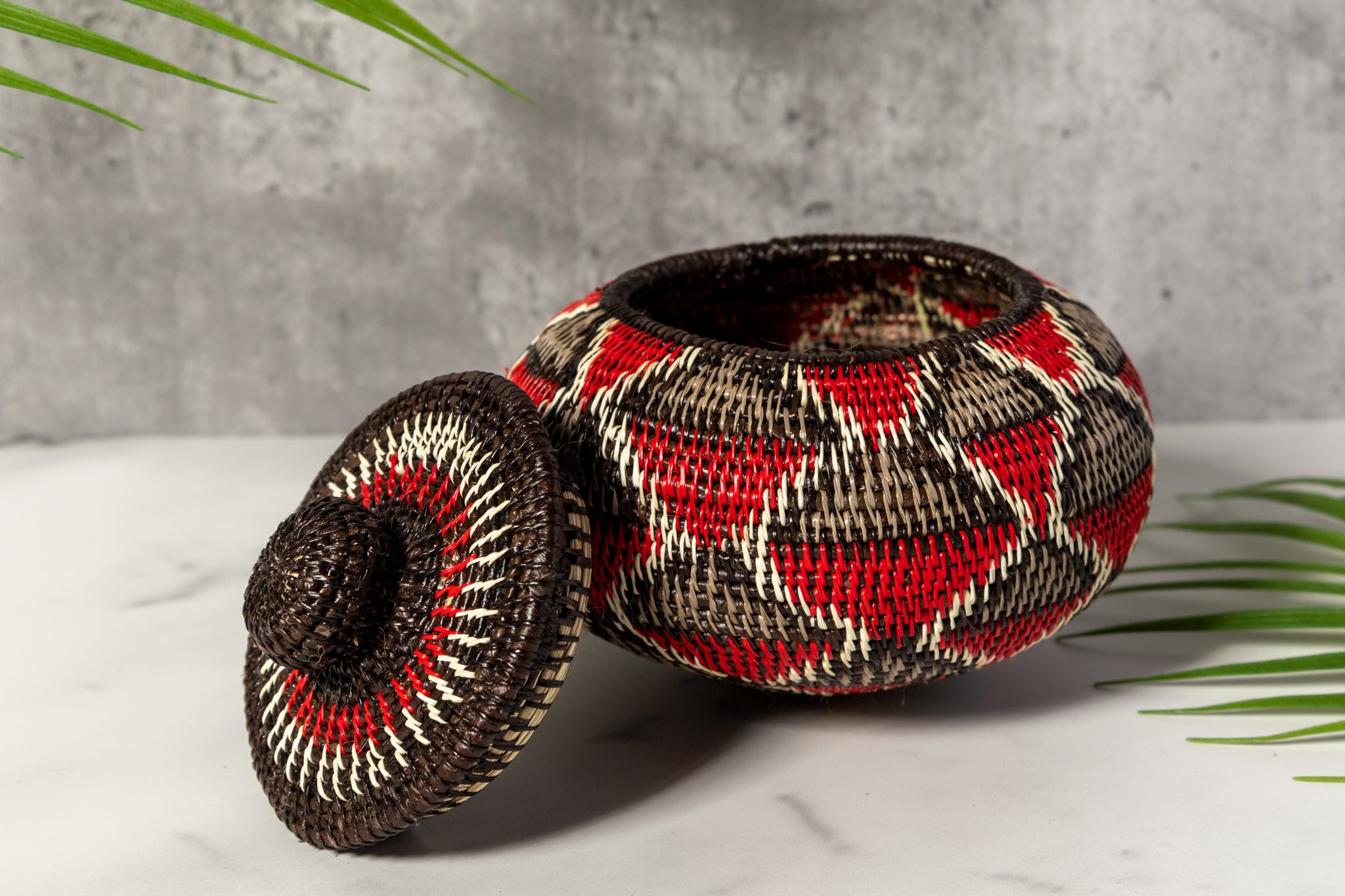 Red And Gray Woven Basket With Top