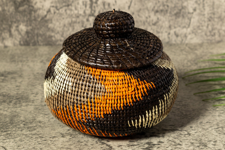 Orange Black Gray Swirl Woven Basket With Top