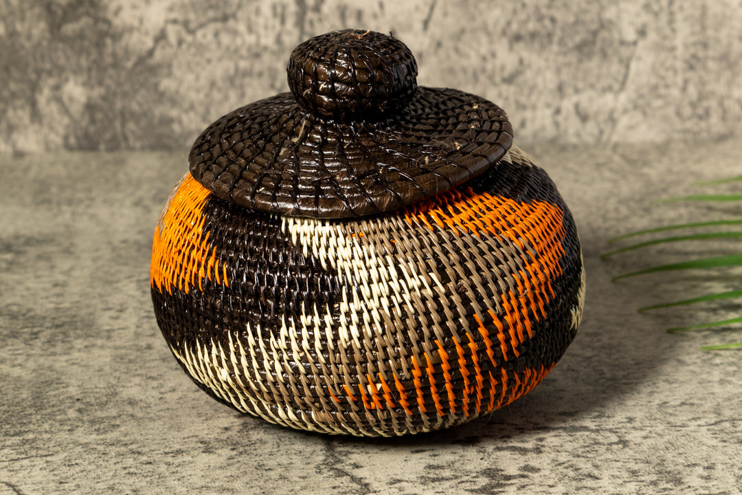 Orange Black Gray Swirl Woven Basket With Top