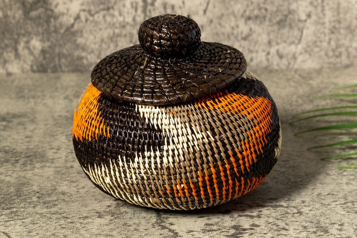 Orange Black Gray Swirl Woven Basket With Top