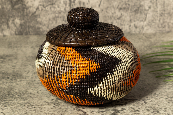 Orange Black Gray Swirl Woven Basket With Top