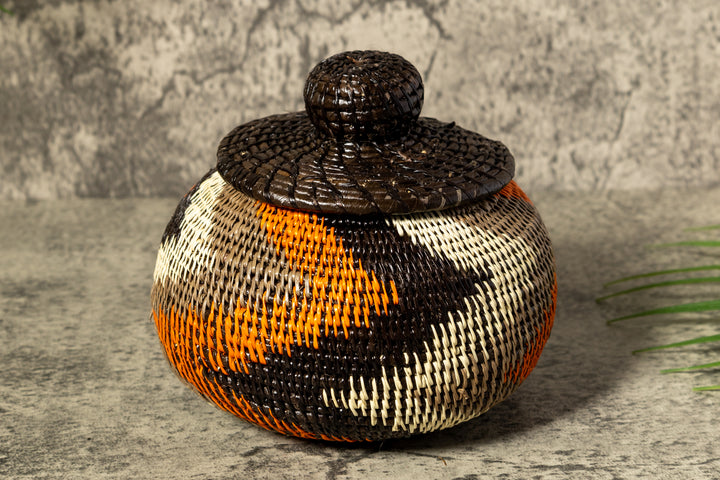 Orange Black Gray Swirl Woven Basket With Top
