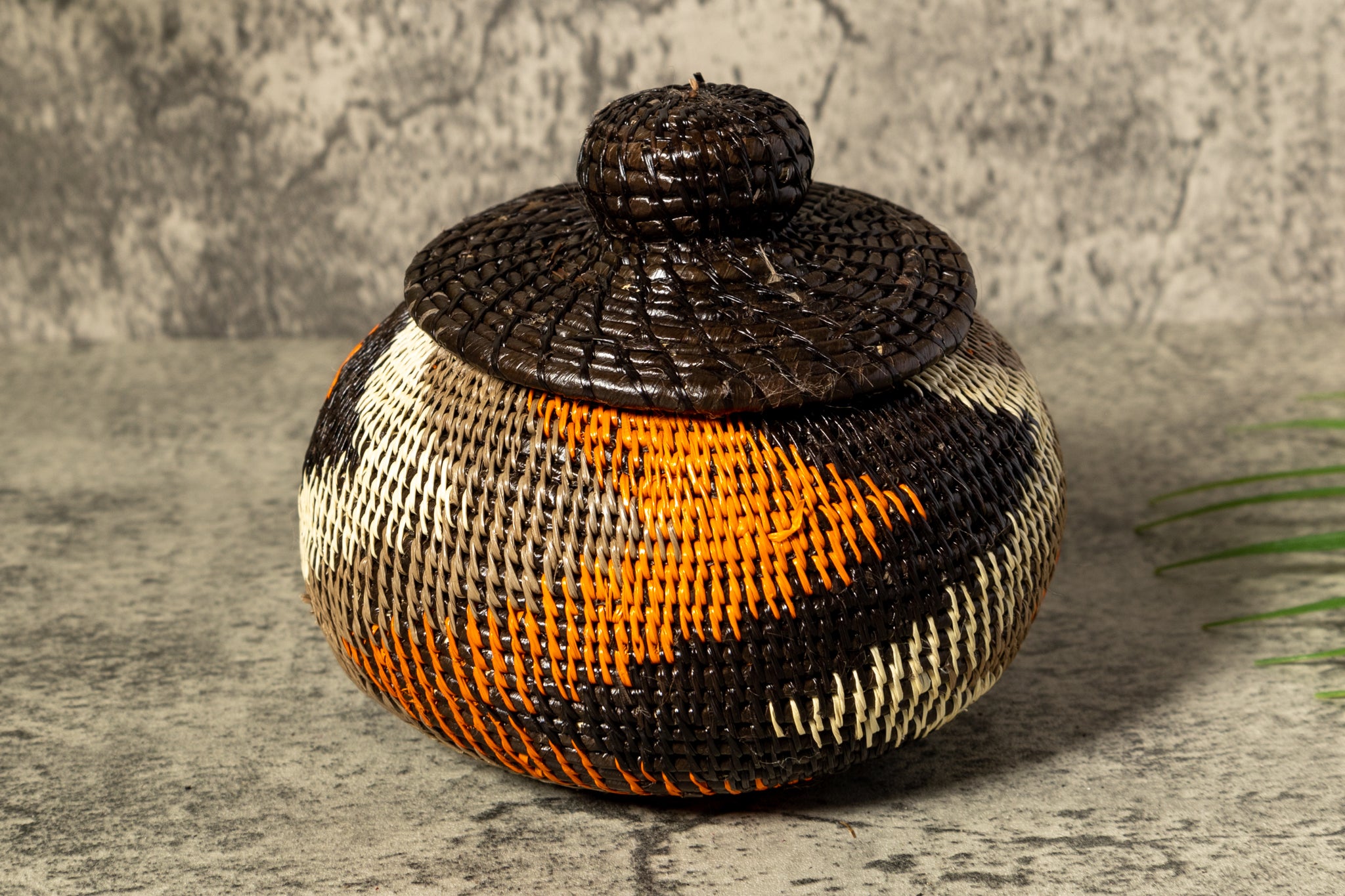 Orange Black Gray Swirl Woven Basket With Top
