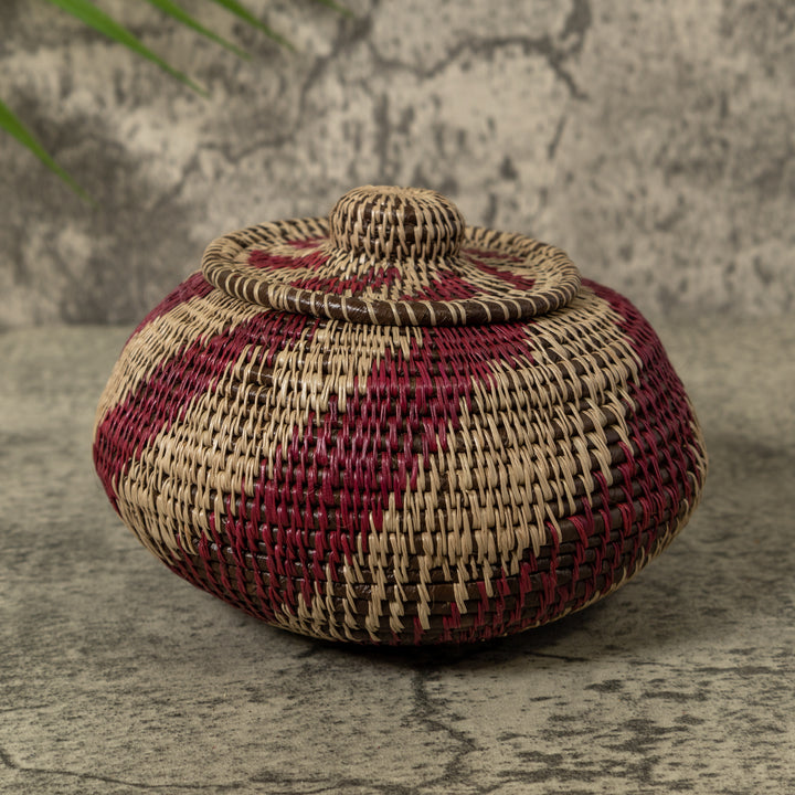 Maroon And Gray Swirl Rainforest Basket With Top