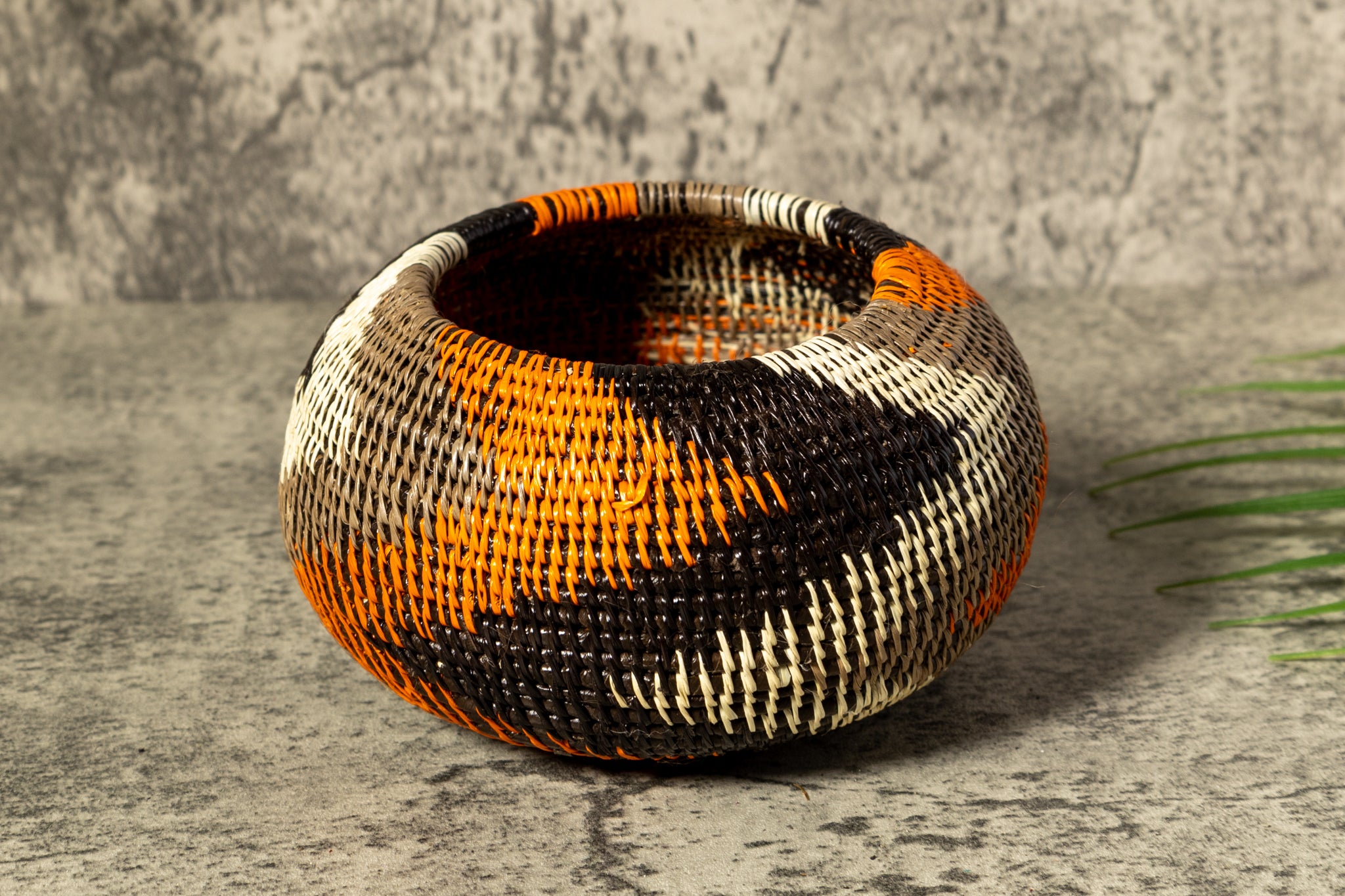 Orange Black Gray Swirl Woven Basket With Top