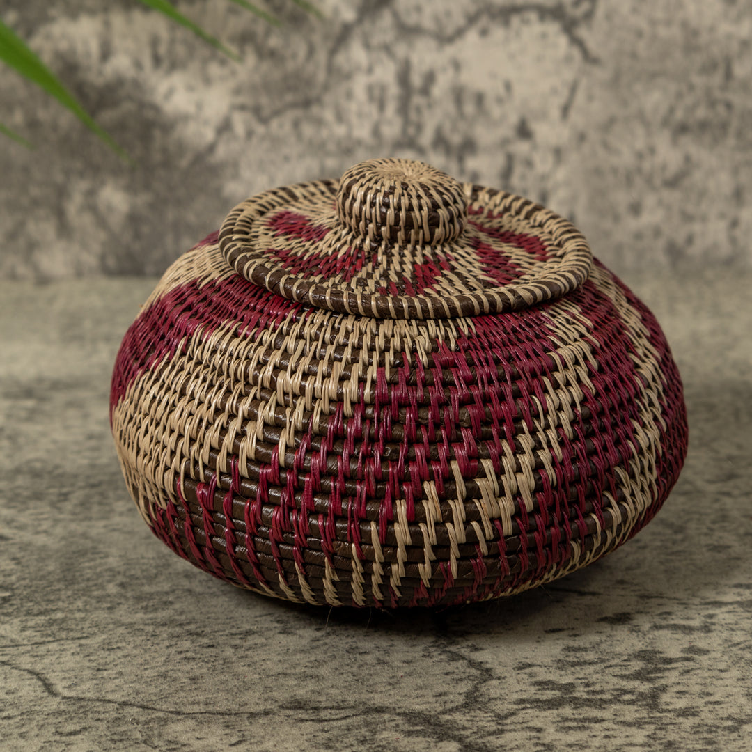 Maroon And Gray Swirl Rainforest Basket With Top