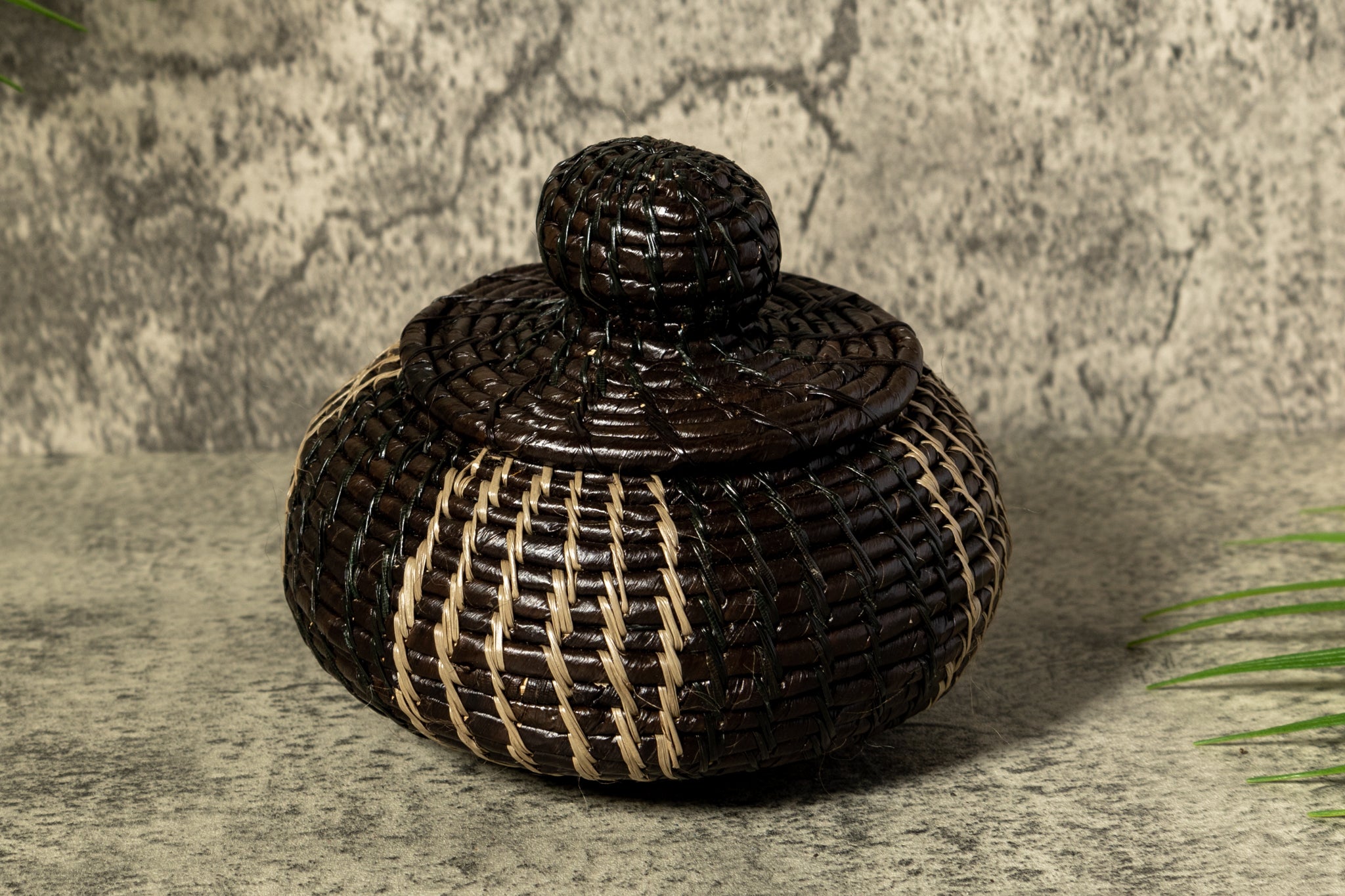 Black And Gray Stripe Woven Basket With Top