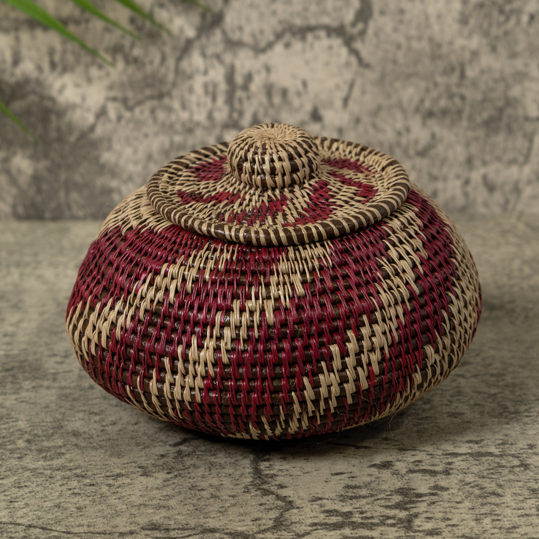 Maroon And Gray Swirl Rainforest Basket With Top