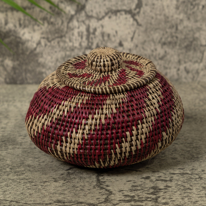 Maroon And Gray Swirl Rainforest Basket With Top