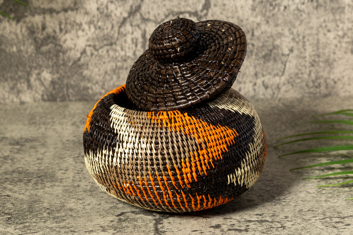 Orange Black Gray Swirl Woven Basket With Top