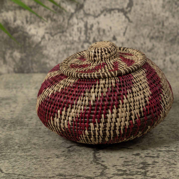 Maroon And Gray Swirl Rainforest Basket With Top