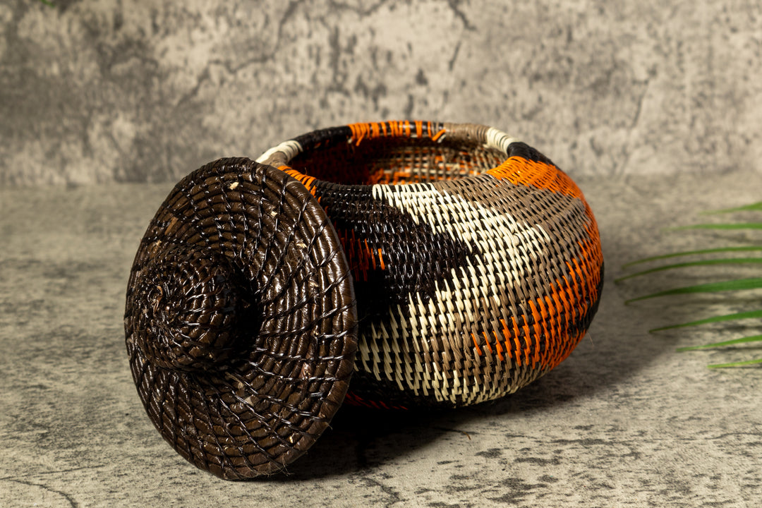 Orange Black Gray Swirl Woven Basket With Top
