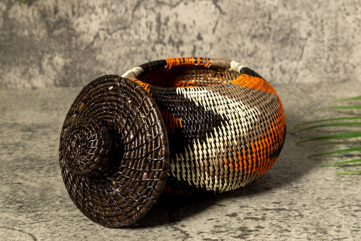 Orange Black Gray Swirl Woven Basket With Top