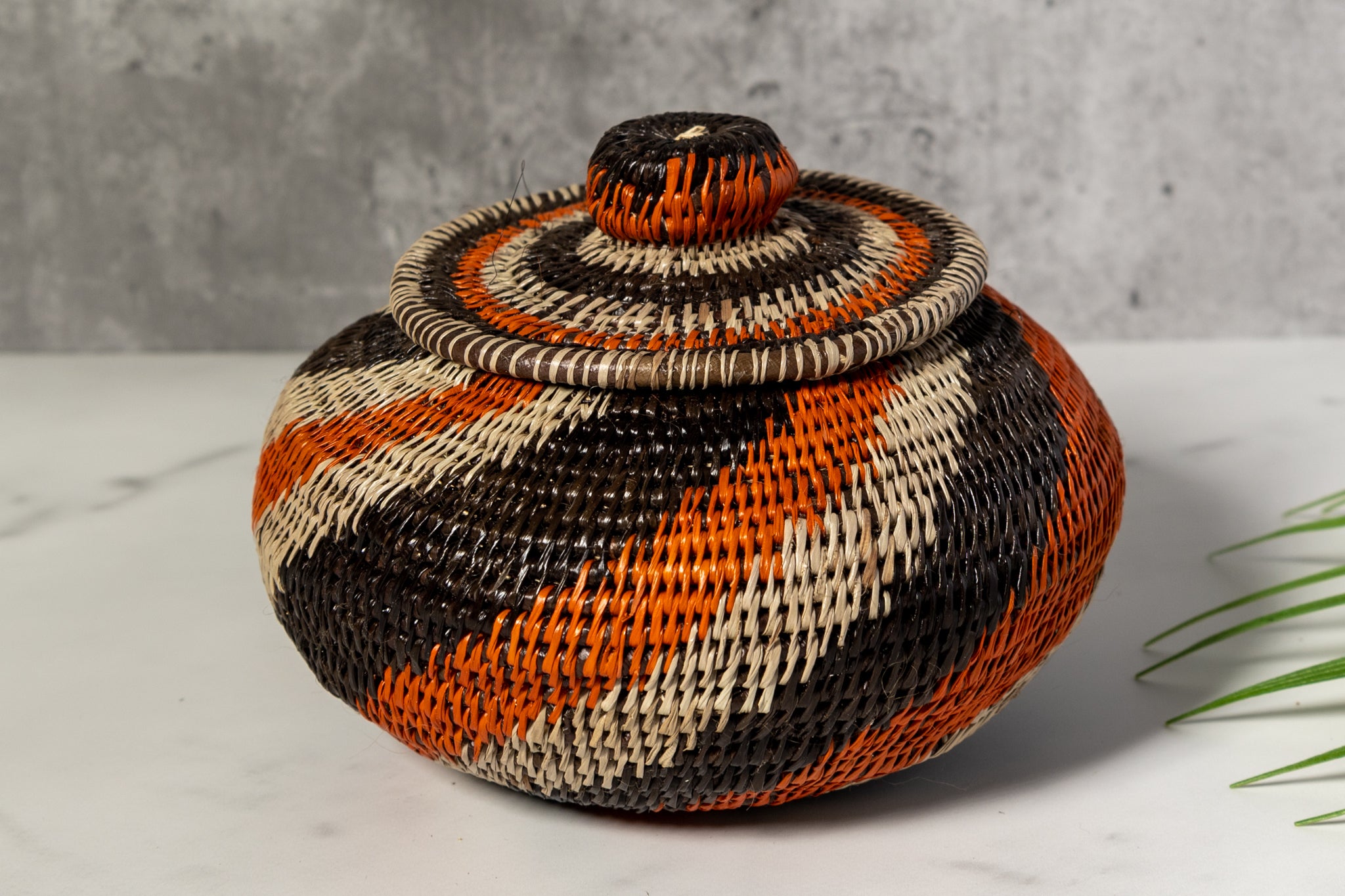 Black Orange And Gray Woven Basket With Top