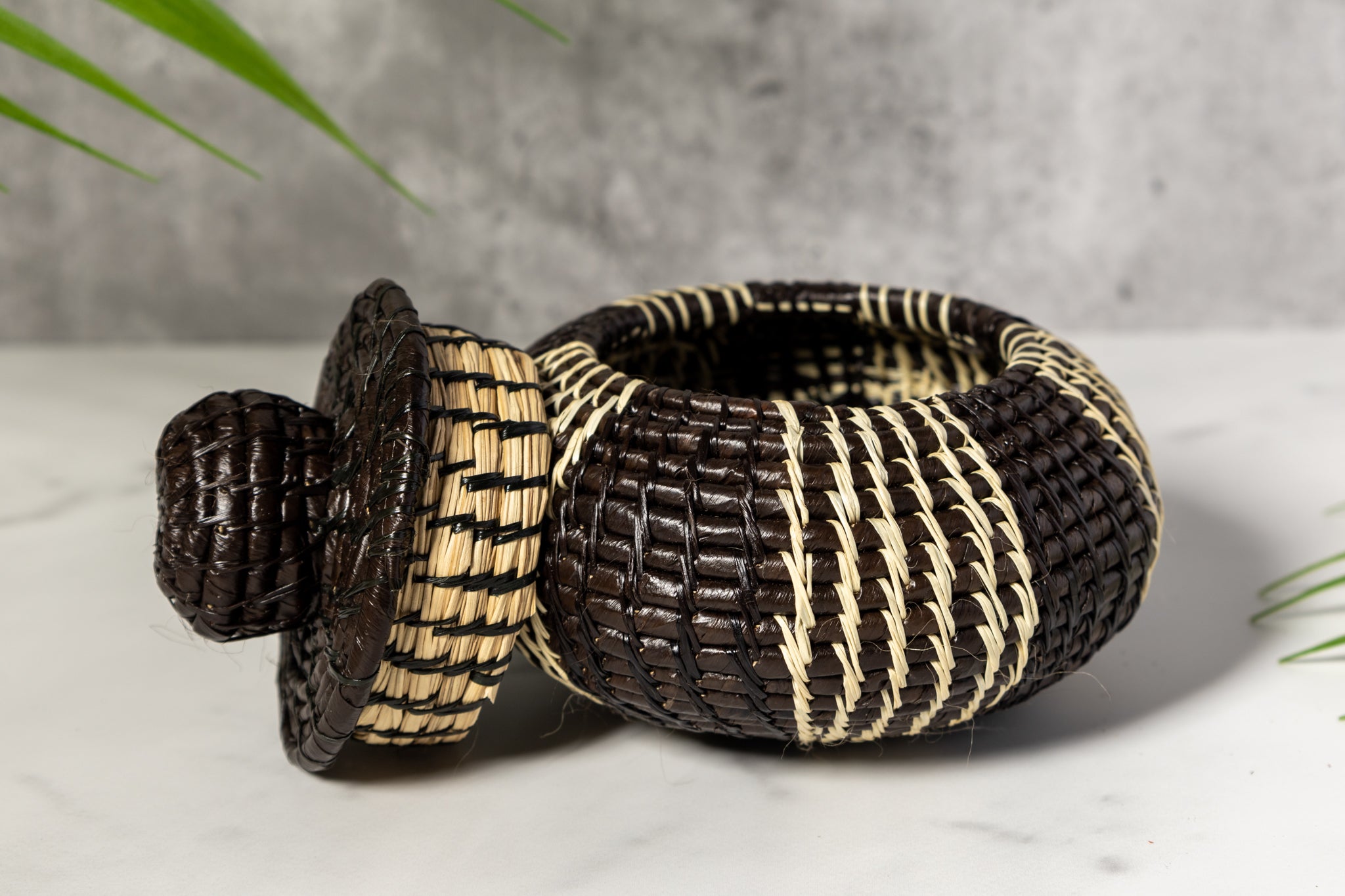 Black And White Woven Basket With Top