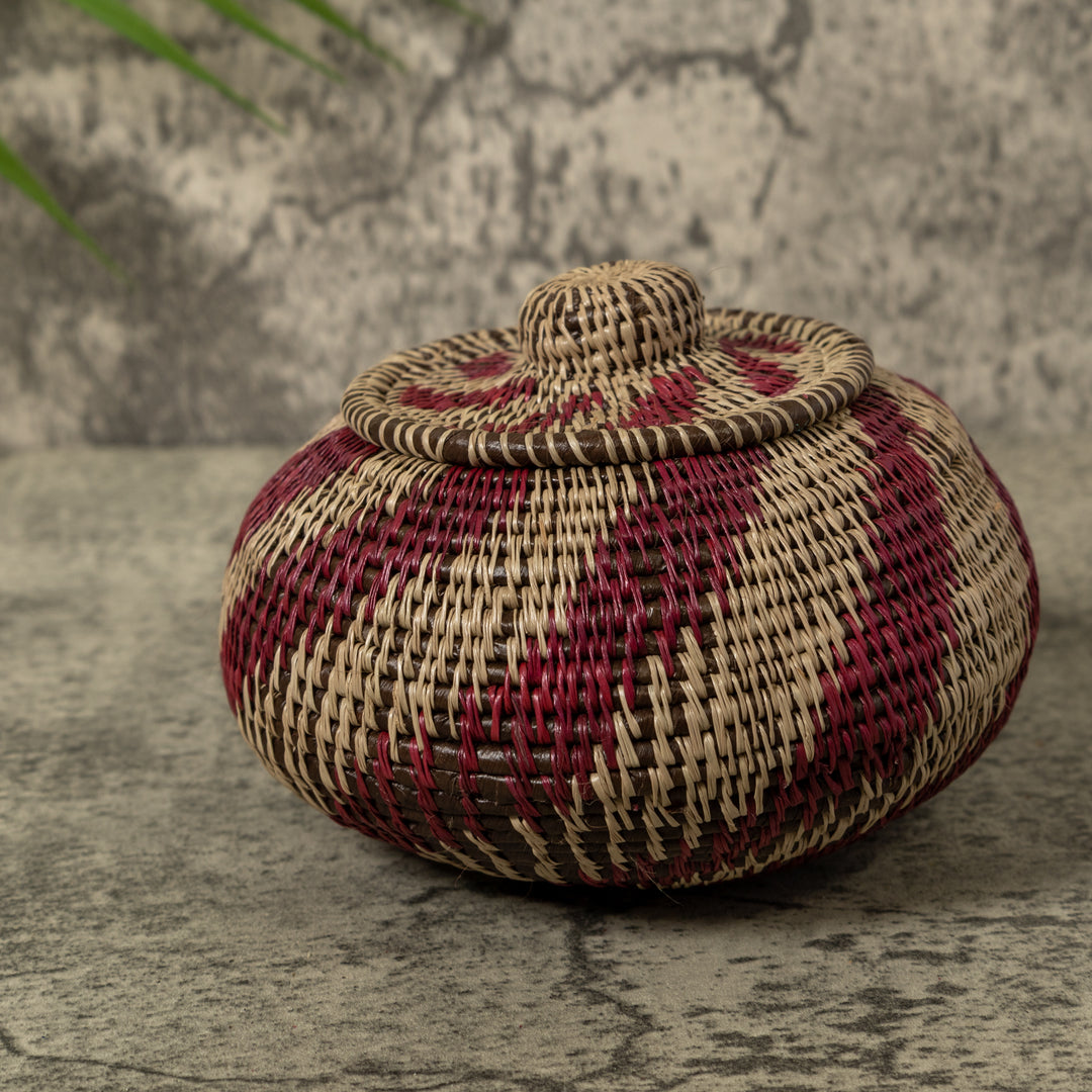 Maroon And Gray Swirl Rainforest Basket With Top