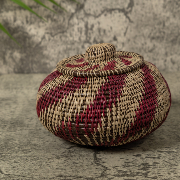Maroon And Gray Swirl Rainforest Basket With Top