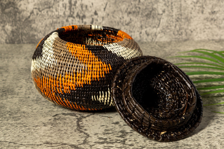 Orange Black Gray Swirl Woven Basket With Top