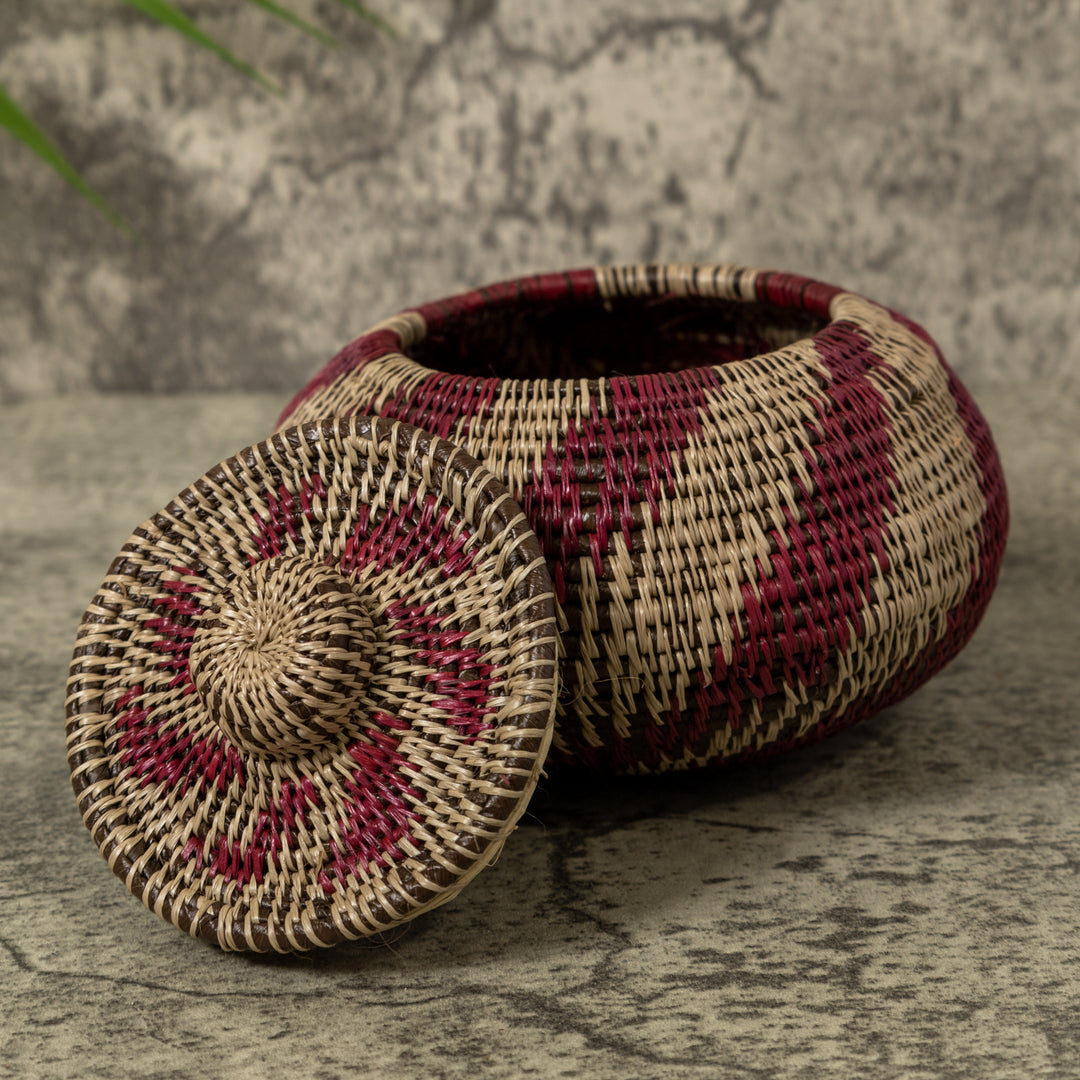 Maroon And Gray Swirl Rainforest Basket With Top