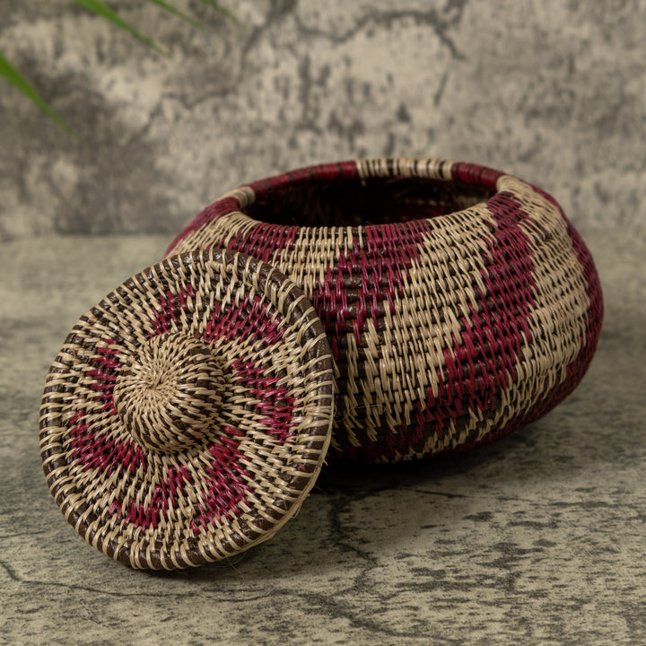 Maroon And Gray Swirl Rainforest Basket With Top