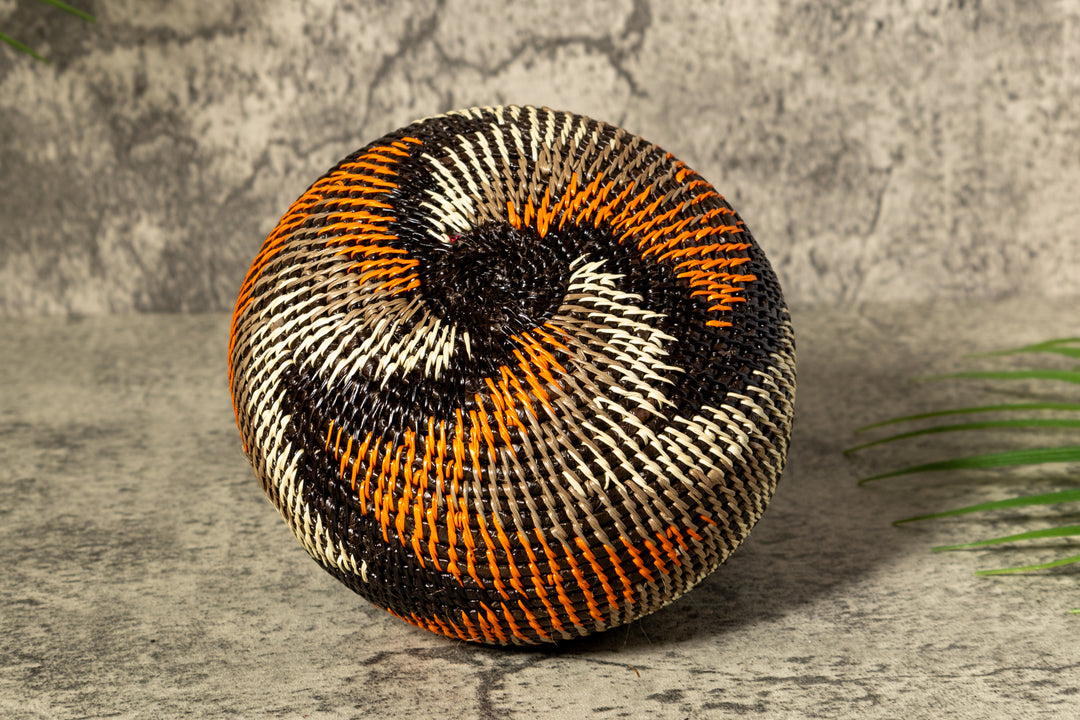 Orange Black Gray Swirl Woven Basket With Top