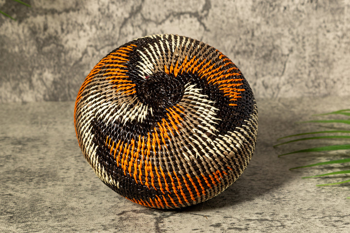 Orange Black Gray Swirl Woven Basket With Top