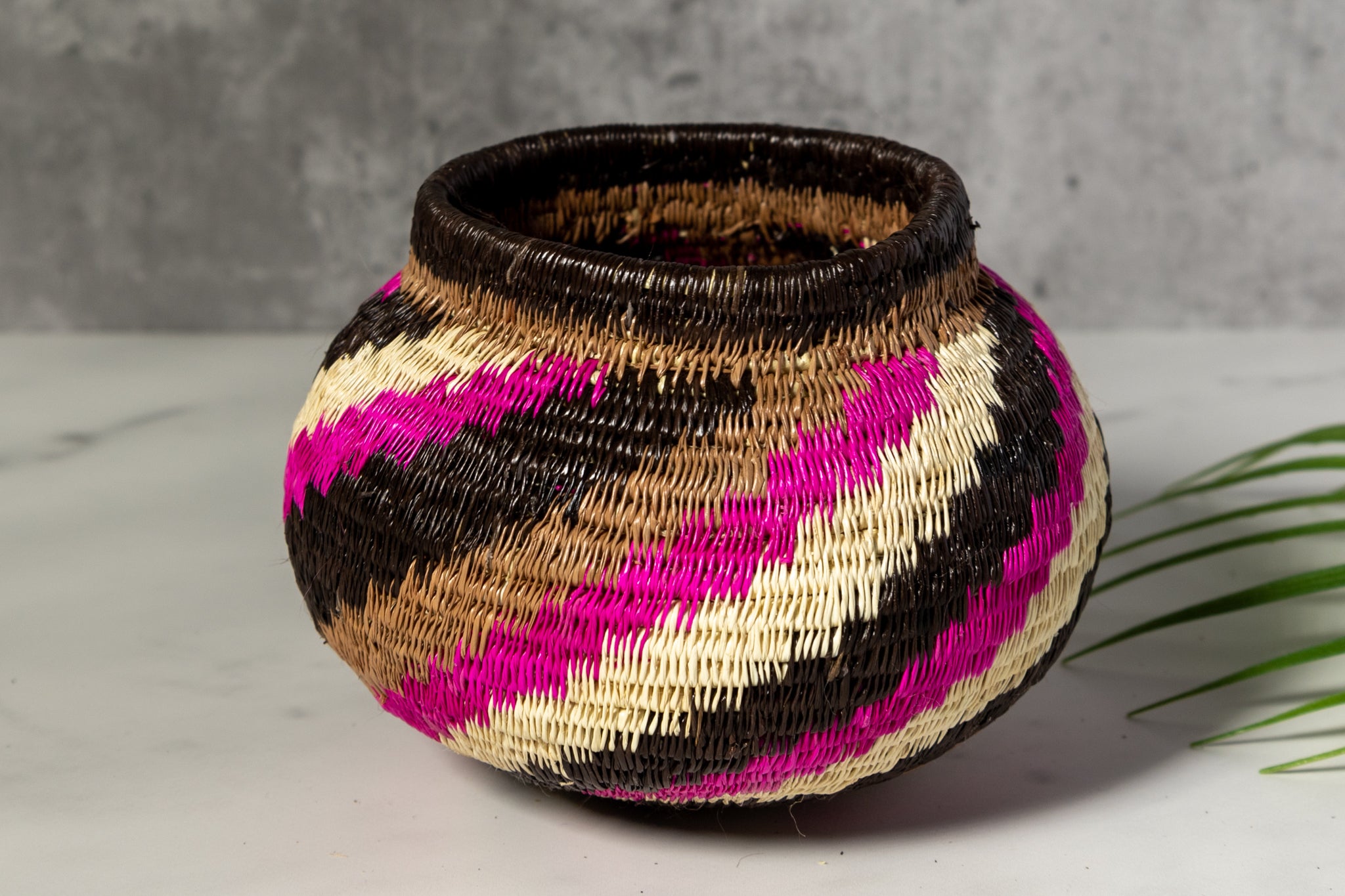 Pink Black And White Spiral Woven Basket