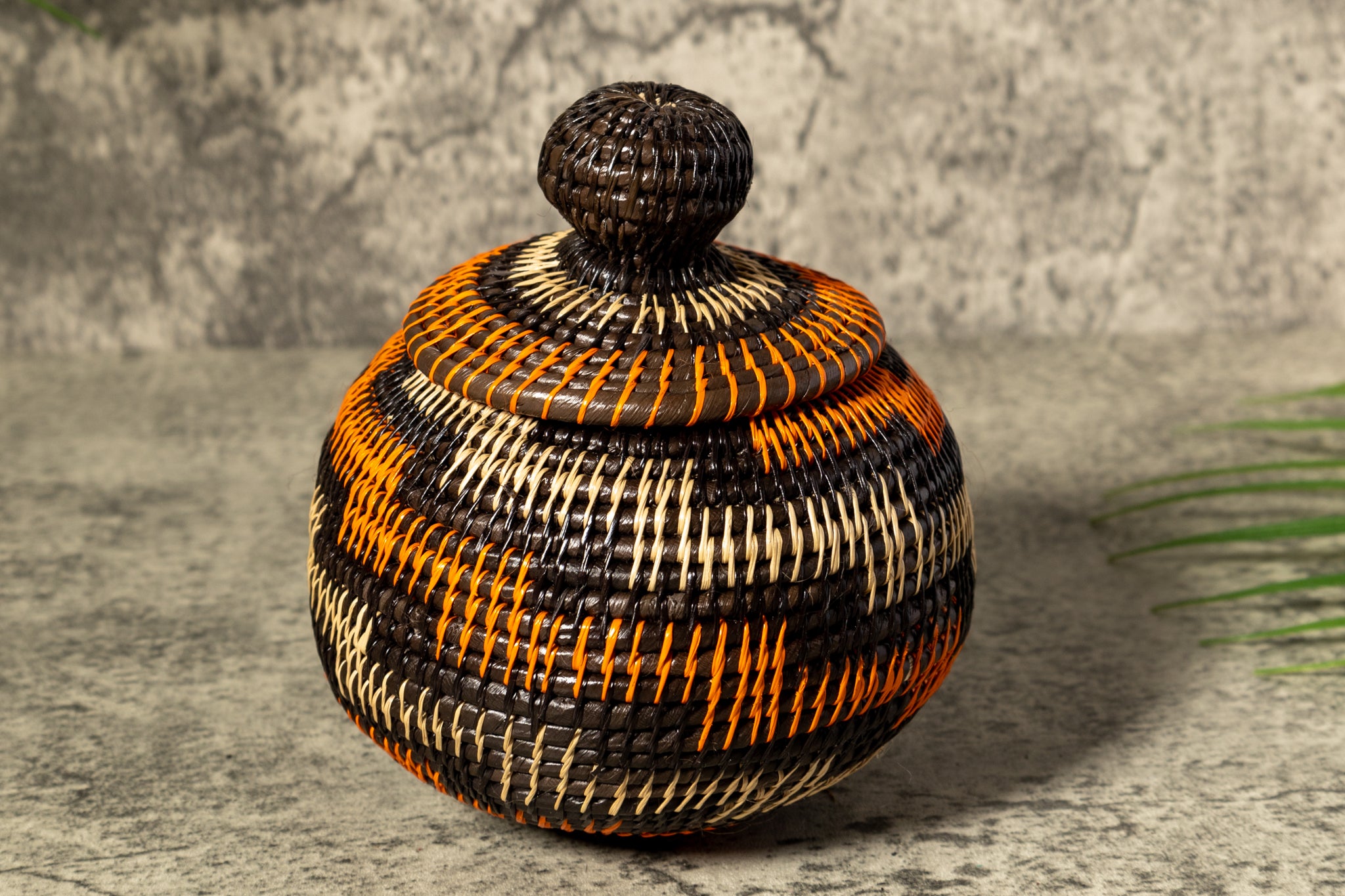 Orange Brown And Gray Woven Basket With Top