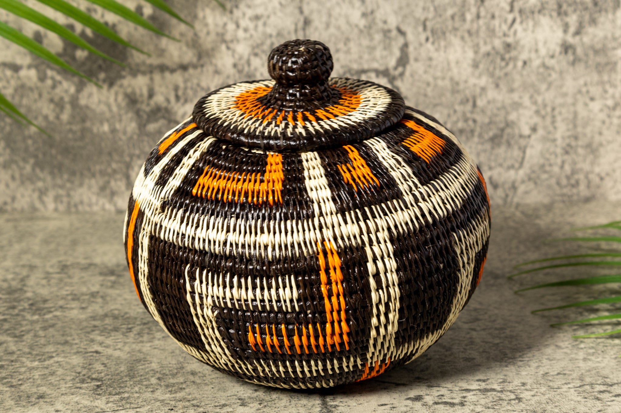 Orange And White Rainforest Flair Woven Basket With Top