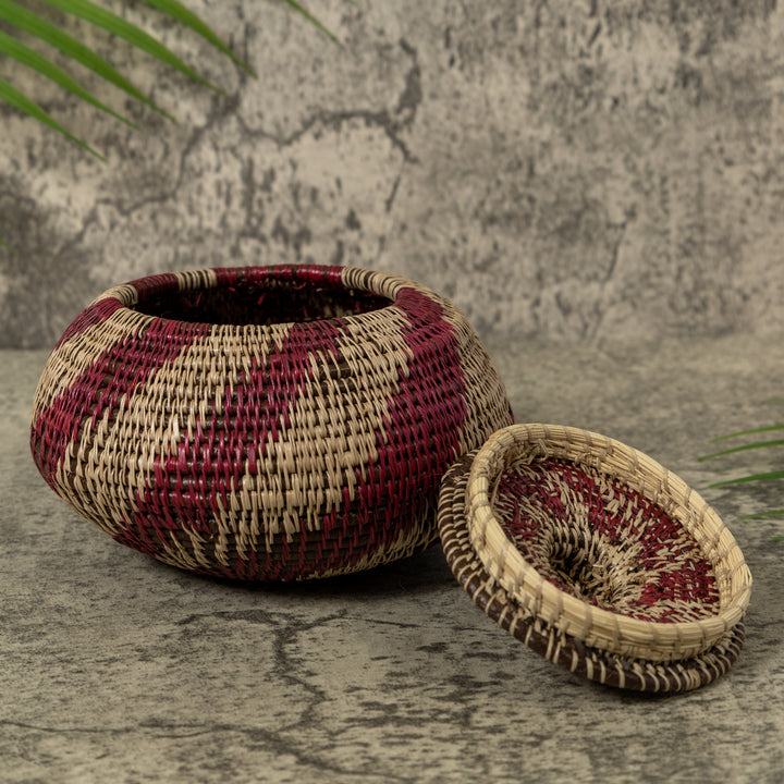 Maroon And Gray Swirl Rainforest Basket With Top