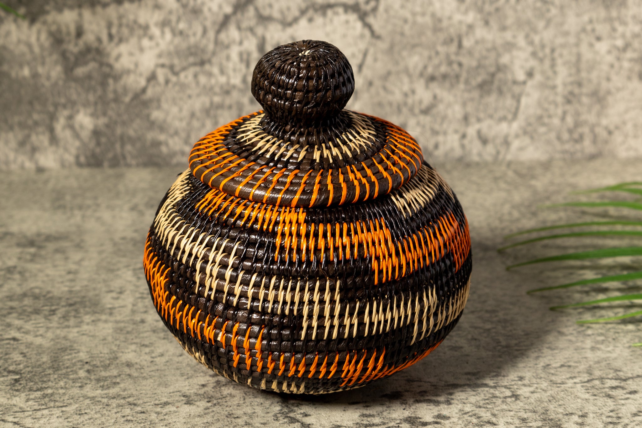 Orange Brown And Gray Woven Basket With Top