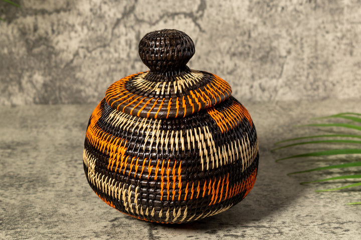 Orange Brown And Gray Woven Basket With Top