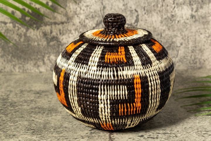 Orange And White Rainforest Flair Woven Basket With Top