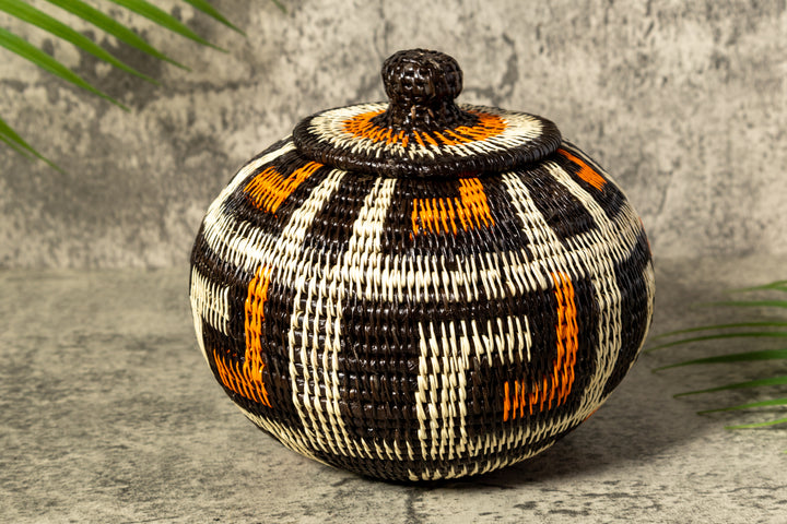 Orange And White Rainforest Flair Woven Basket With Top
