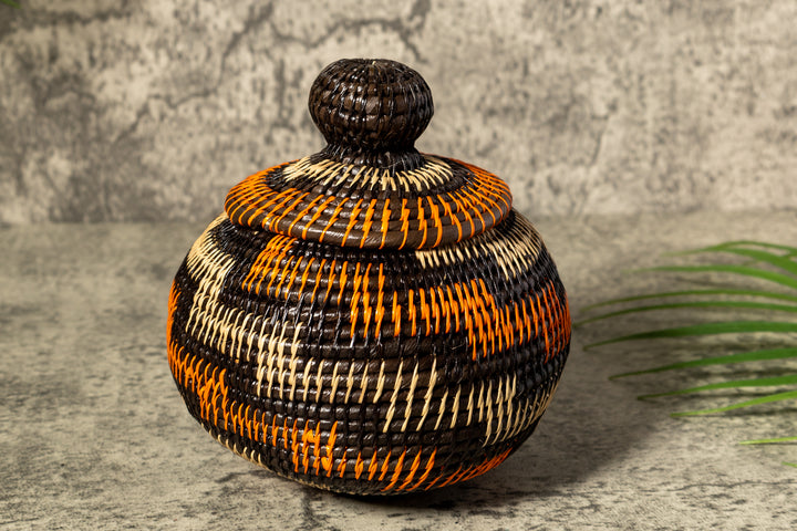Orange Brown And Gray Woven Basket With Top