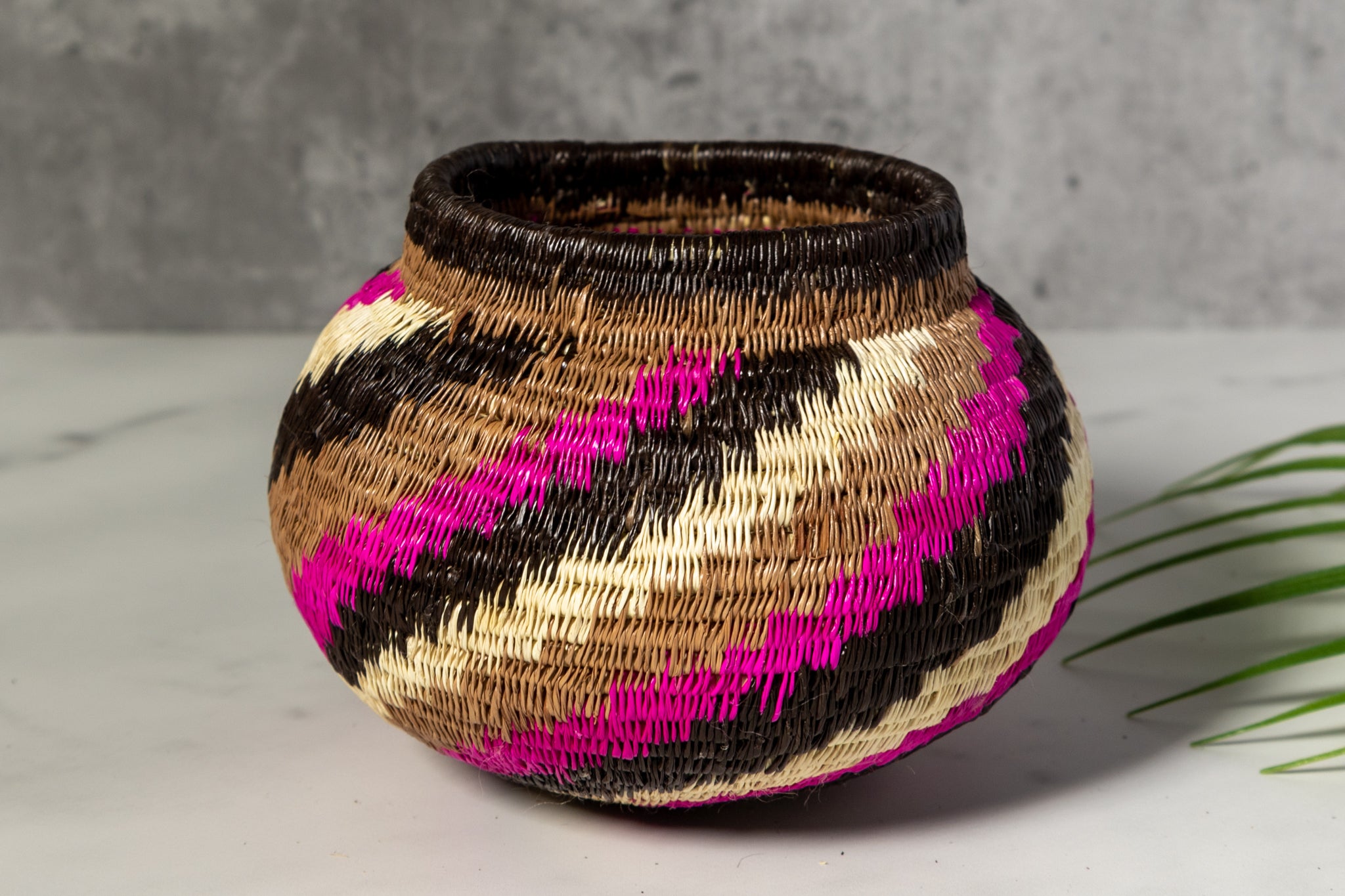 Pink Black And White Spiral Woven Basket