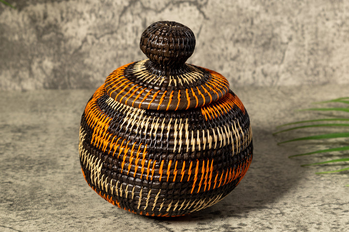 Orange Brown And Gray Woven Basket With Top