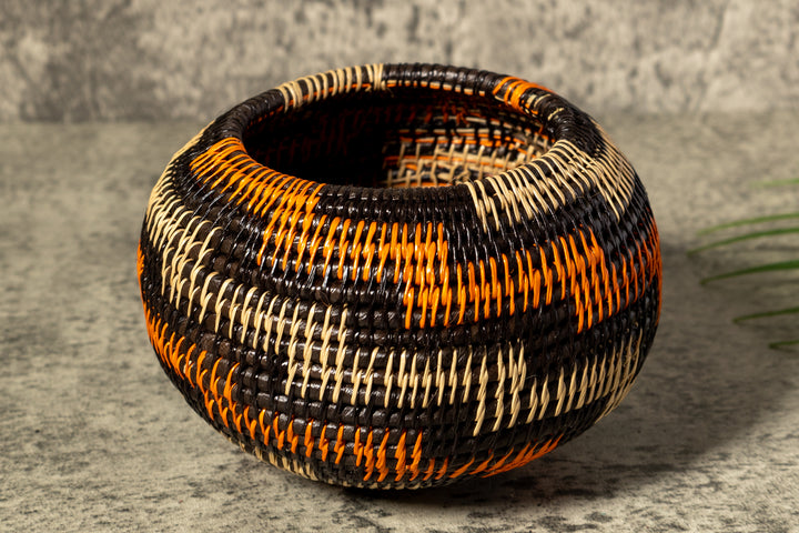Orange Brown And Gray Woven Basket With Top