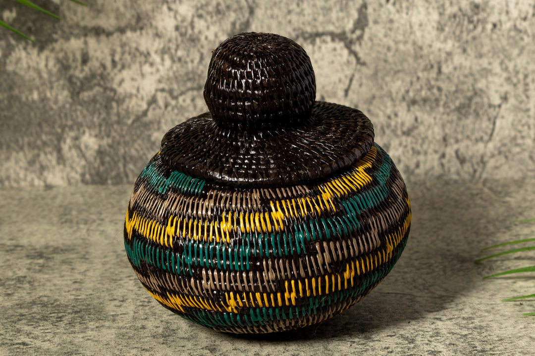 Green Gold And Gray Swirl Woven Basket With Top