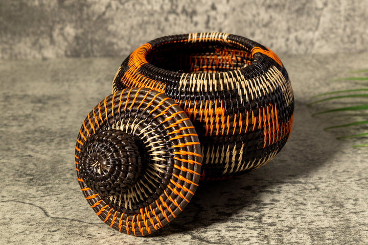 Orange Brown And Gray Woven Basket With Top