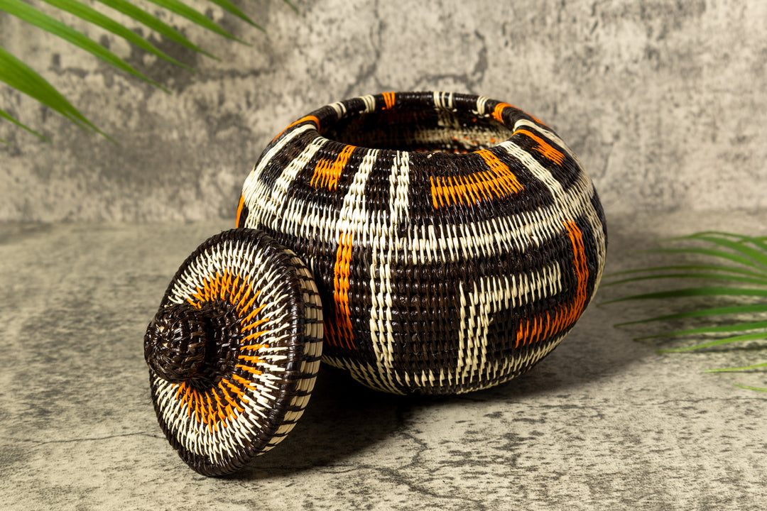 Orange And White Rainforest Flair Woven Basket With Top