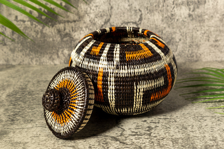 Orange And White Rainforest Flair Woven Basket With Top