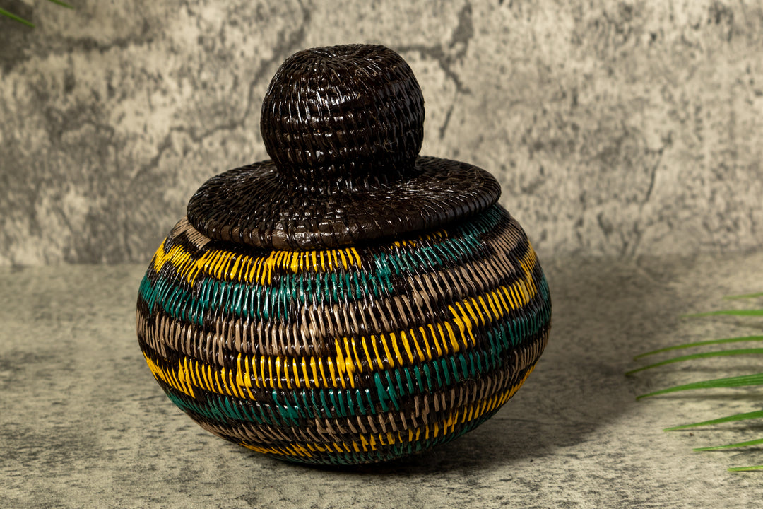 Green Gold And Gray Swirl Woven Basket With Top