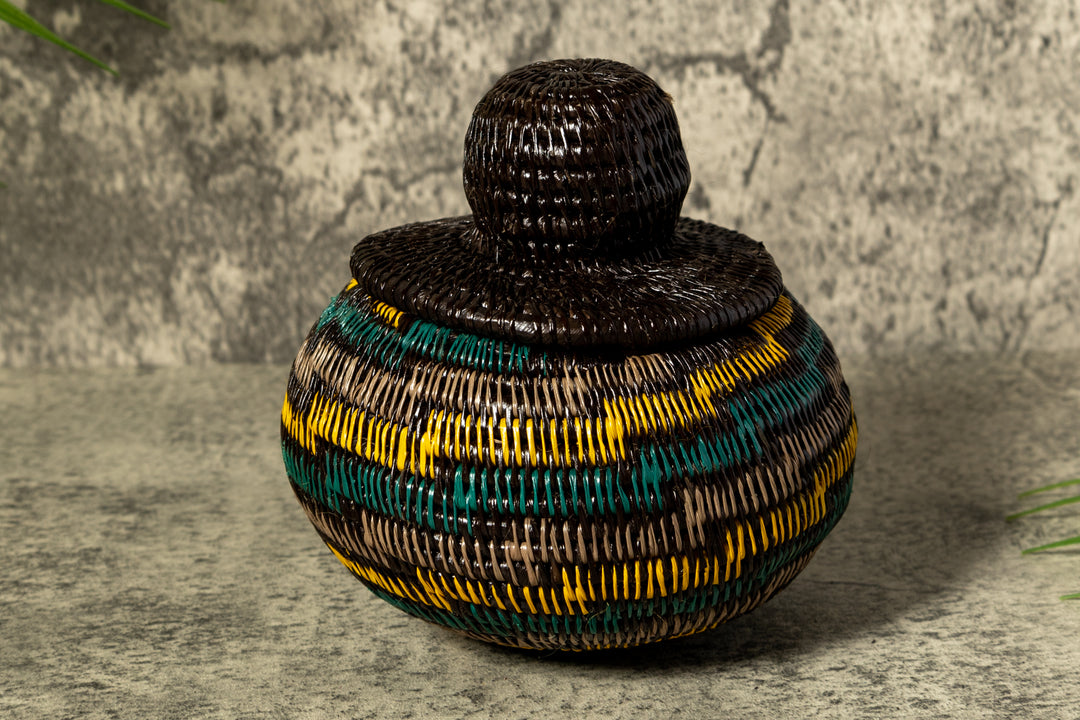 Green Gold And Gray Swirl Woven Basket With Top