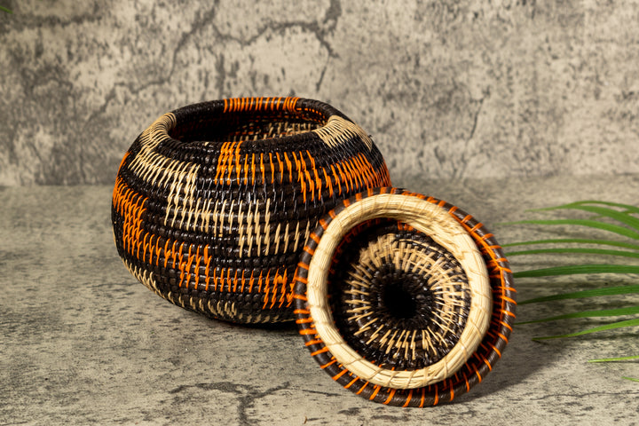 Orange Brown And Gray Woven Basket With Top