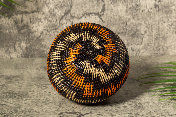 Orange Brown And Gray Woven Basket With Top