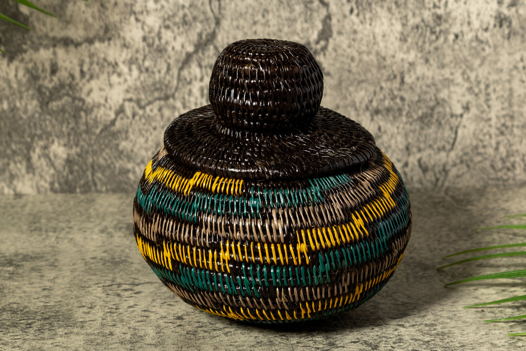 Green Gold And Gray Swirl Woven Basket With Top