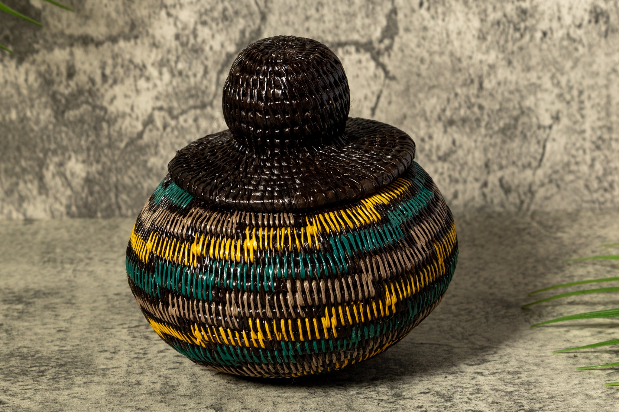 Green Gold And Gray Swirl Woven Basket With Top